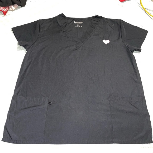 Black V-Neck Scrub Top with Heart Detail - Picture 1 of 3